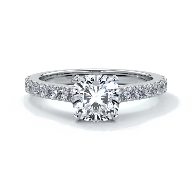 Beatrice Engagement ring cushion cut diamond cathedral 4 claw diamond band platinum