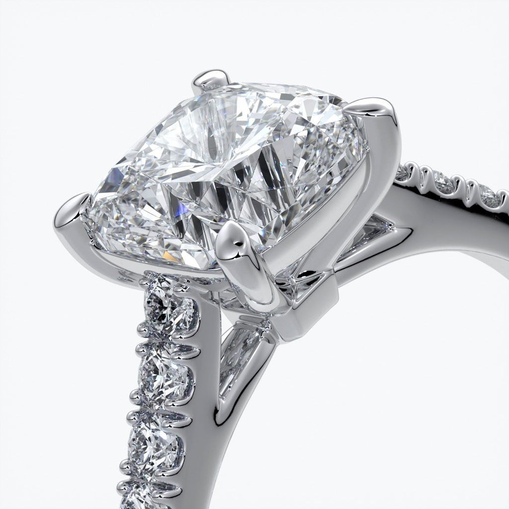 Alison Engagement ring cushion cut diamond 4 claw cathdral shoulder diamonds platinum