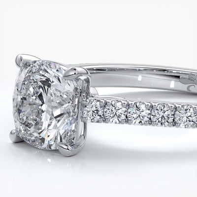 Alison Engagement ring cushion cut diamond 4 claw cathdral shoulder diamonds platinum