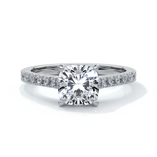 Alison Engagement ring cushion cut diamond 4 claw cathdral shoulder diamonds platinum