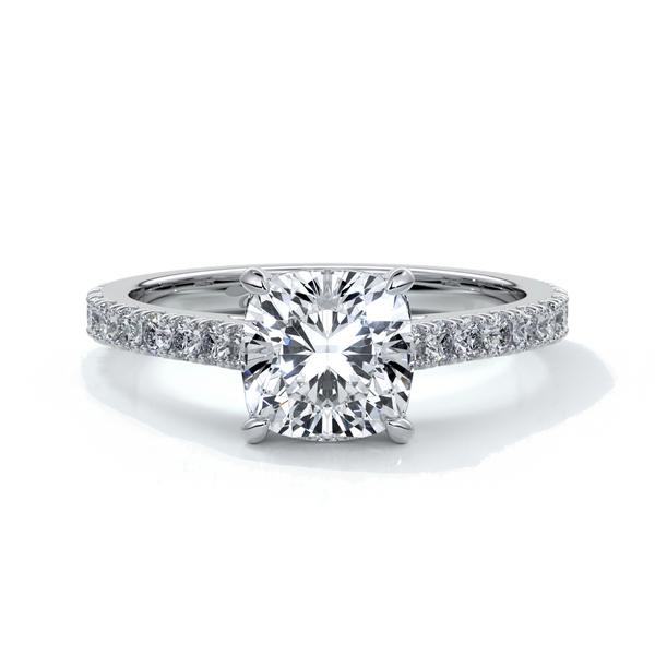 Alison Engagement ring cushion cut diamond 4 claw cathdral shoulder diamonds platinum