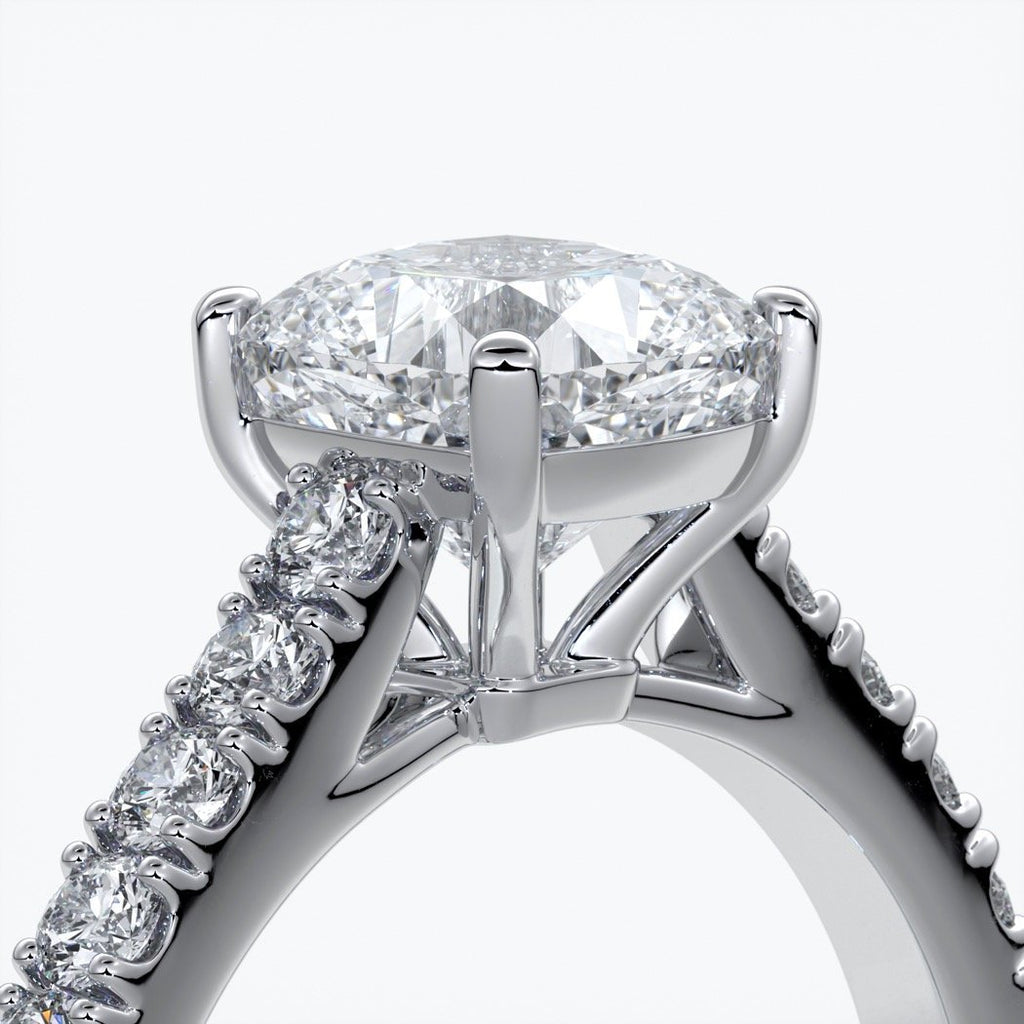 Beatrice Engagement ring cushion cut diamond cathedral 4 claw diamond band platinum