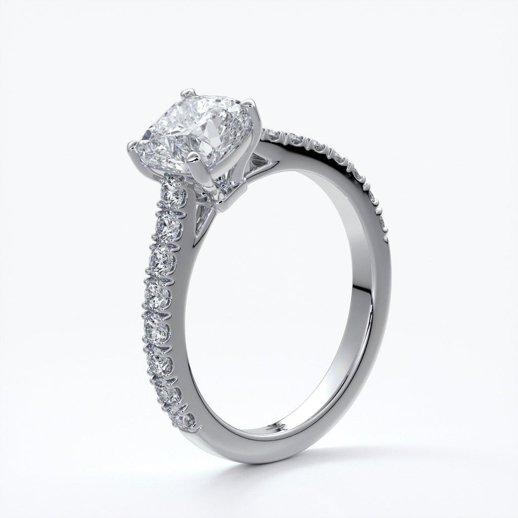 Beatrice Engagement ring cushion cut diamond cathedral 4 claw diamond band platinum
