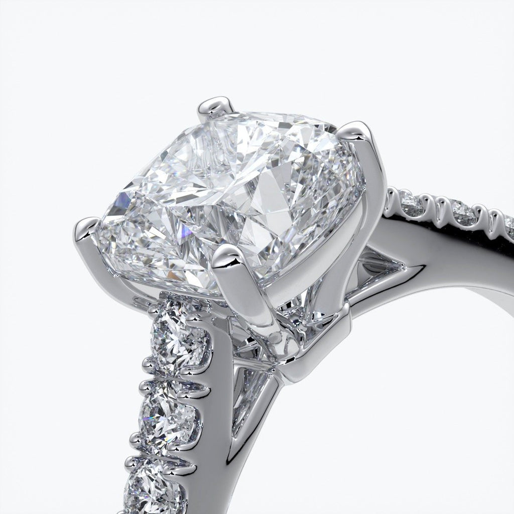 Beatrice Engagement ring cushion cut diamond cathedral 4 claw diamond band platinum
