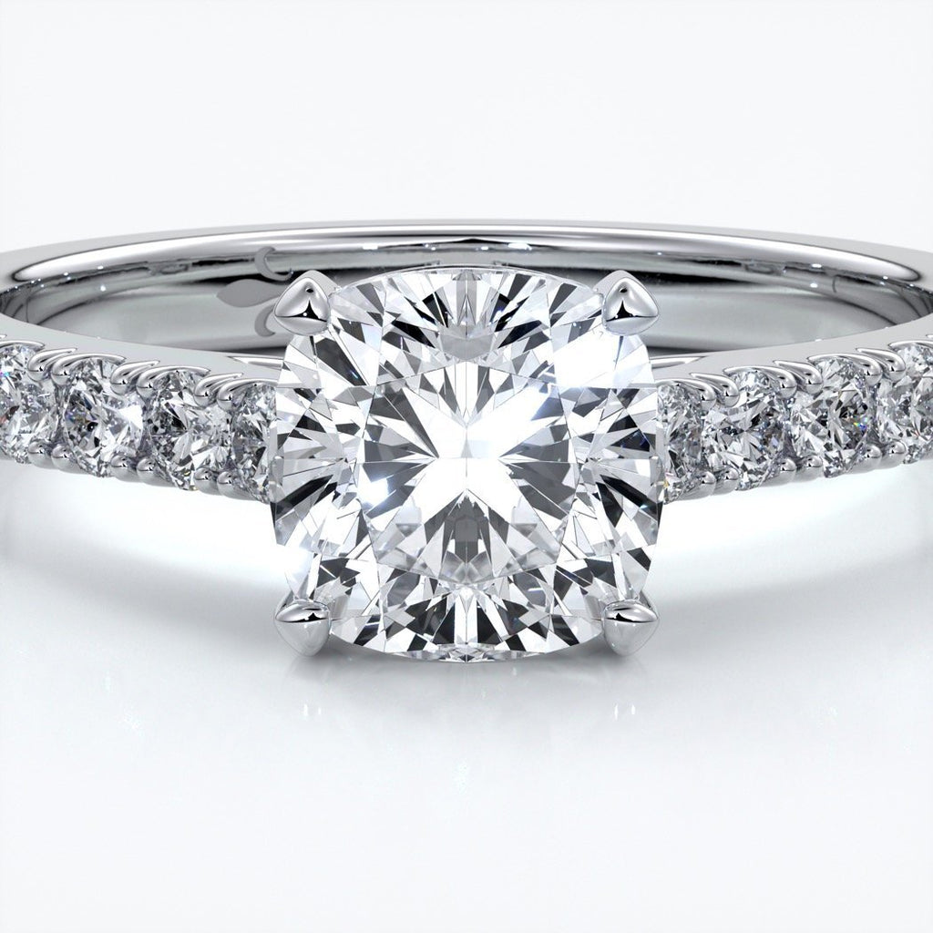 Beatrice Engagement ring cushion cut diamond cathedral 4 claw diamond band platinum