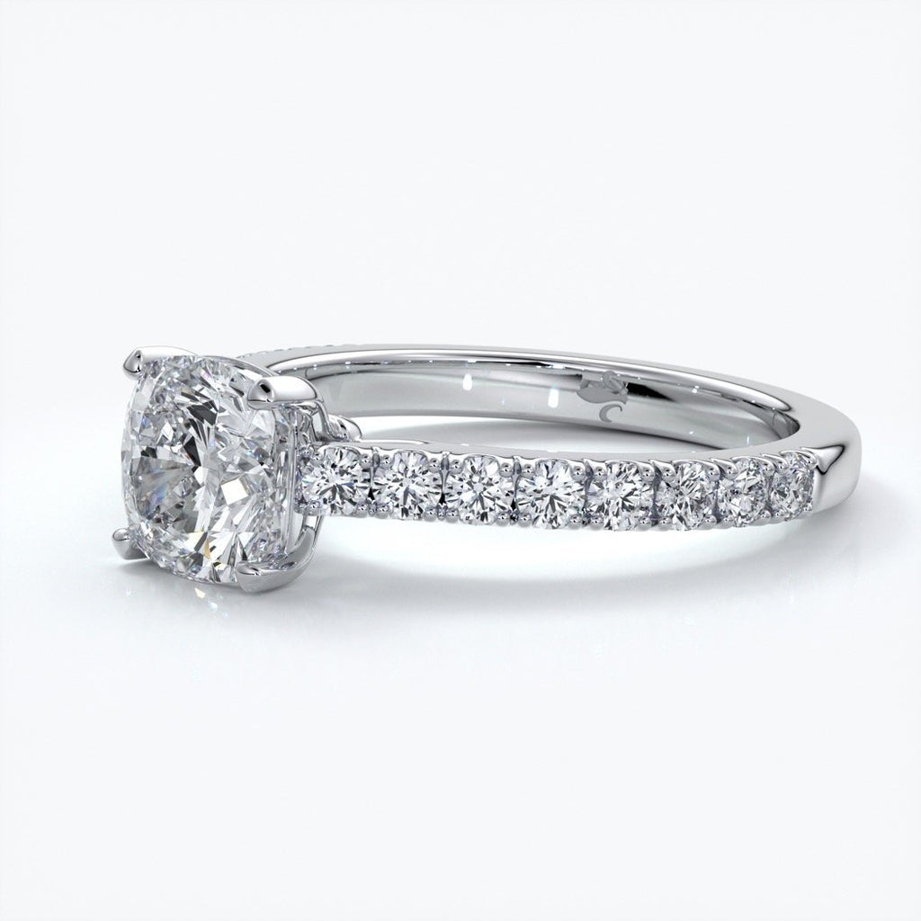 Beatrice Engagement ring cushion cut diamond cathedral 4 claw diamond band platinum