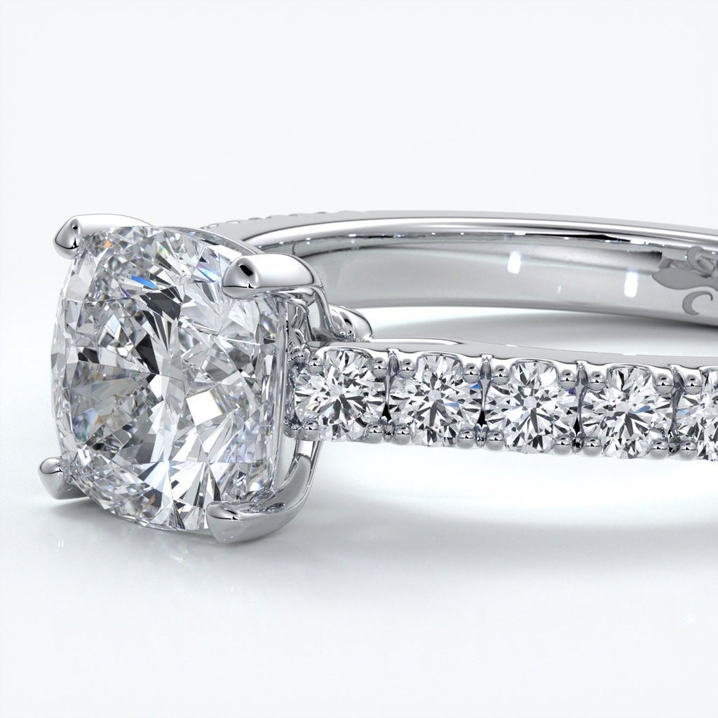 Beatrice Engagement ring cushion cut diamond cathedral 4 claw diamond band platinum