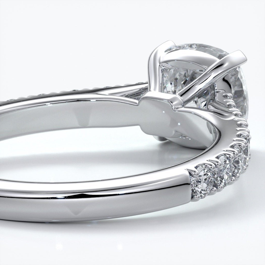 Beatrice Engagement ring cushion cut diamond cathedral 4 claw diamond band platinum
