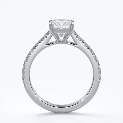 Beatrice Engagement ring cushion cut diamond cathedral 4 claw diamond band platinum