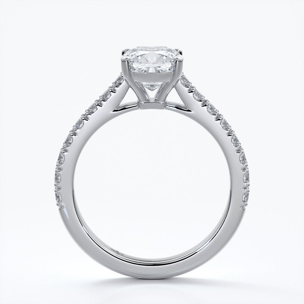 Beatrice Engagement ring cushion cut diamond cathedral 4 claw diamond band platinum