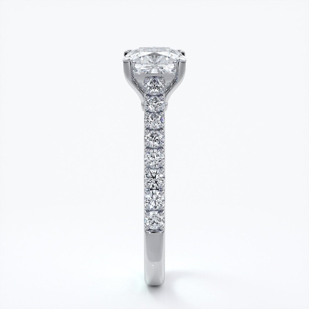 Beatrice Engagement ring cushion cut diamond cathedral 4 claw diamond band platinum