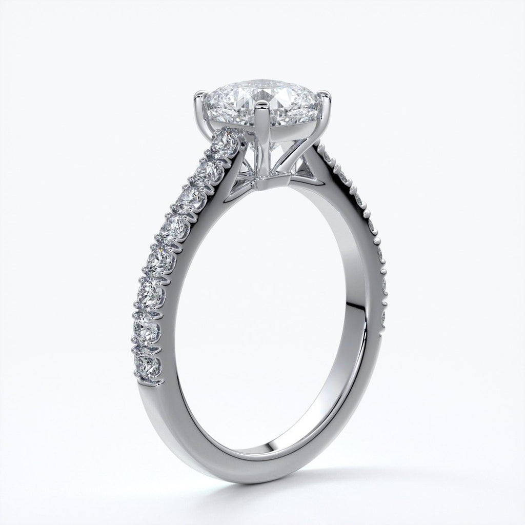 Beatrice Engagement ring cushion cut diamond cathedral 4 claw diamond band platinum
