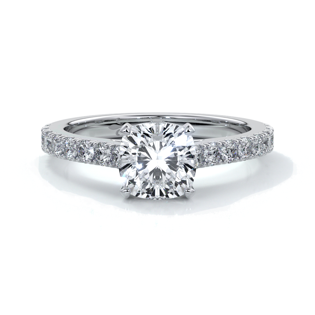 Beatrice Engagement ring cushion cut diamond cathedral 4 claw diamond band platinum