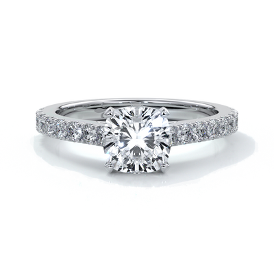 Beatrice Engagement ring cushion cut diamond cathedral 4 claw diamond band platinum