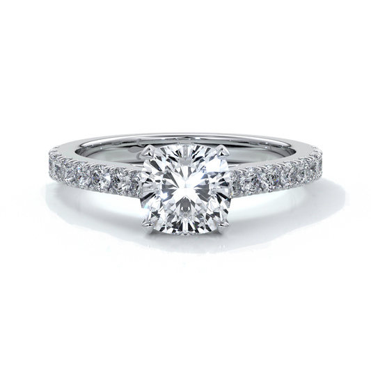 Beatrice Engagement ring cushion cut diamond cathedral 4 claw diamond band platinum