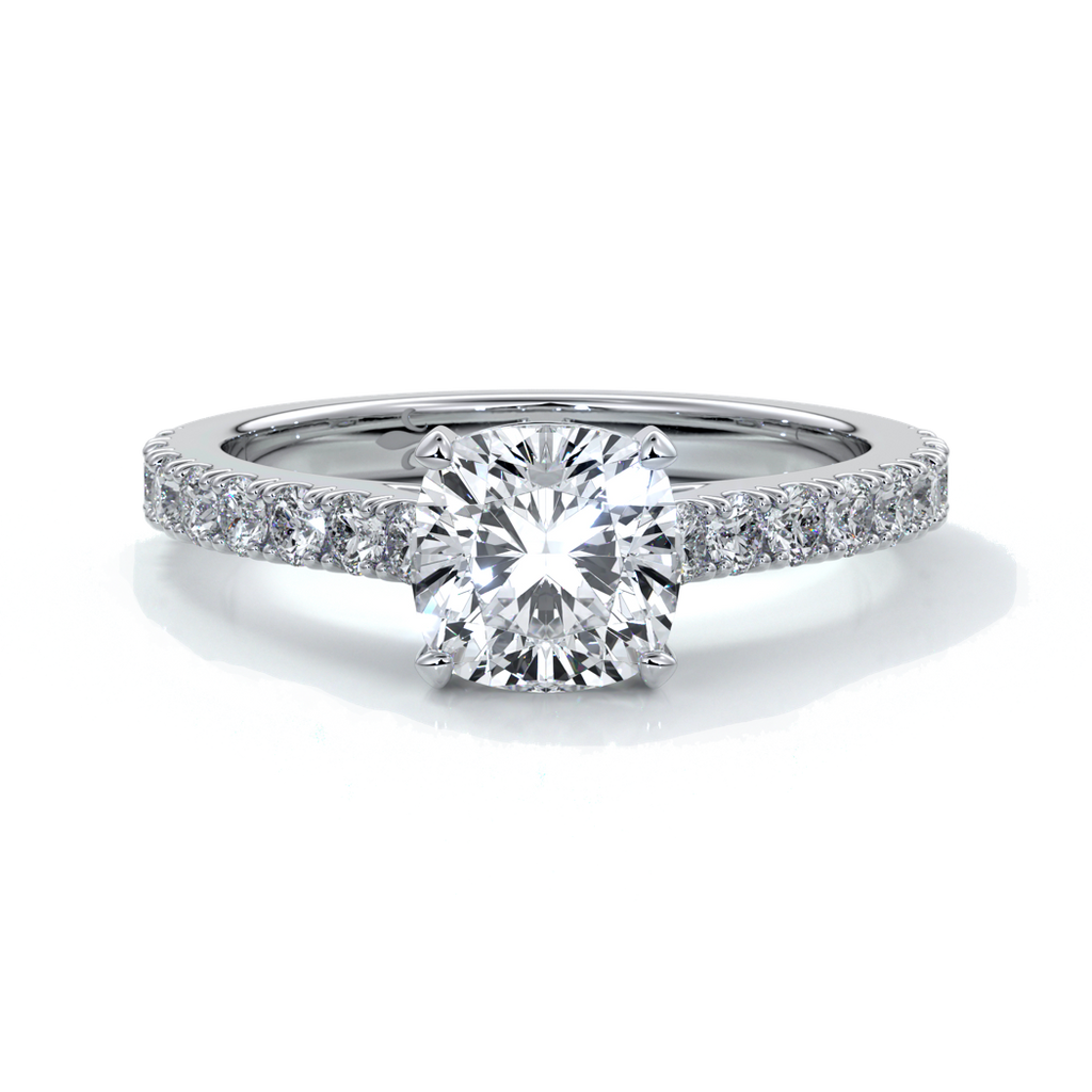 Beatrice Engagement ring cushion cut diamond cathedral 4 claw diamond band platinum