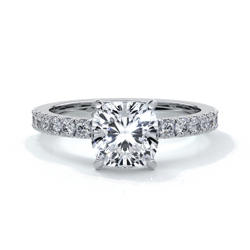 Belle Engagement ring cushion cut diamond 4 claw diamond band platinum