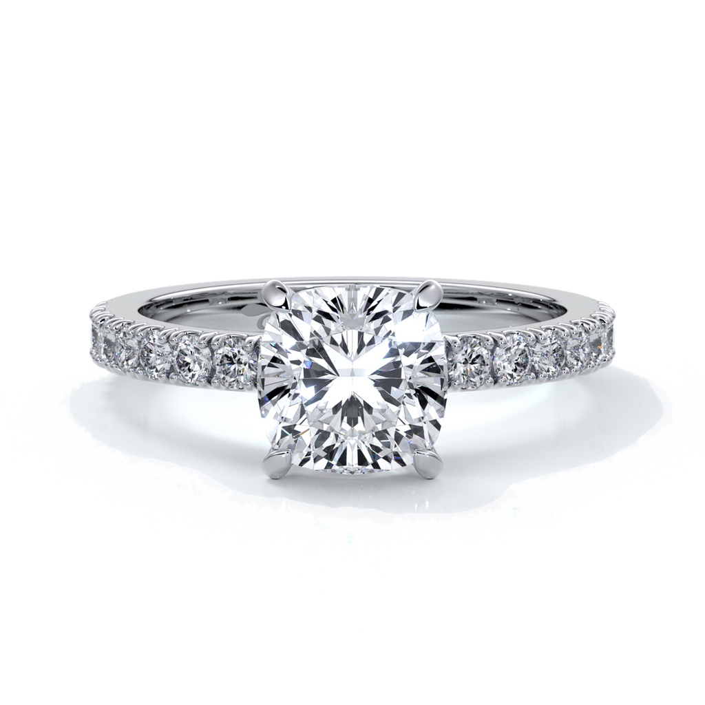 Belle Engagement ring cushion cut diamond 4 claw diamond band platinum