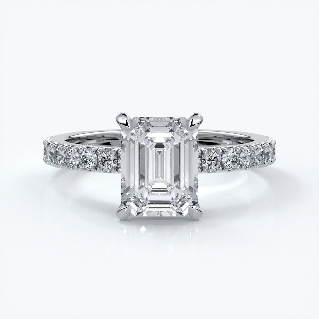 Charlotte Engagement Ring emerald diamond 4 claw diamond band platinum