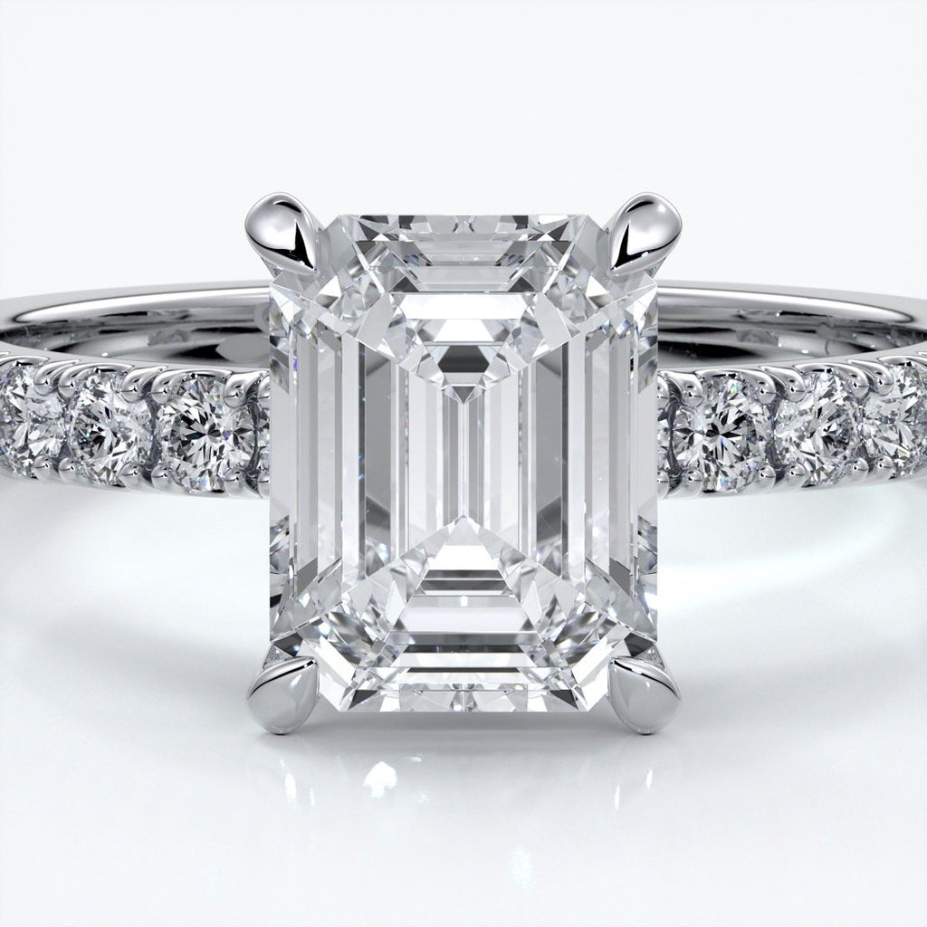 Charlotte Engagement Ring emerald diamond 4 claw diamond band platinum