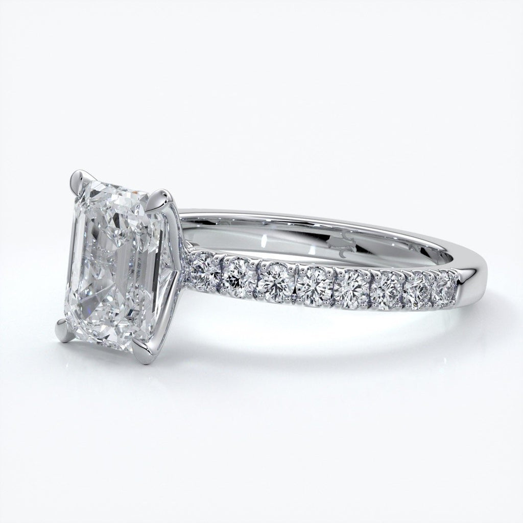 Charlotte Engagement Ring emerald diamond 4 claw diamond band platinum