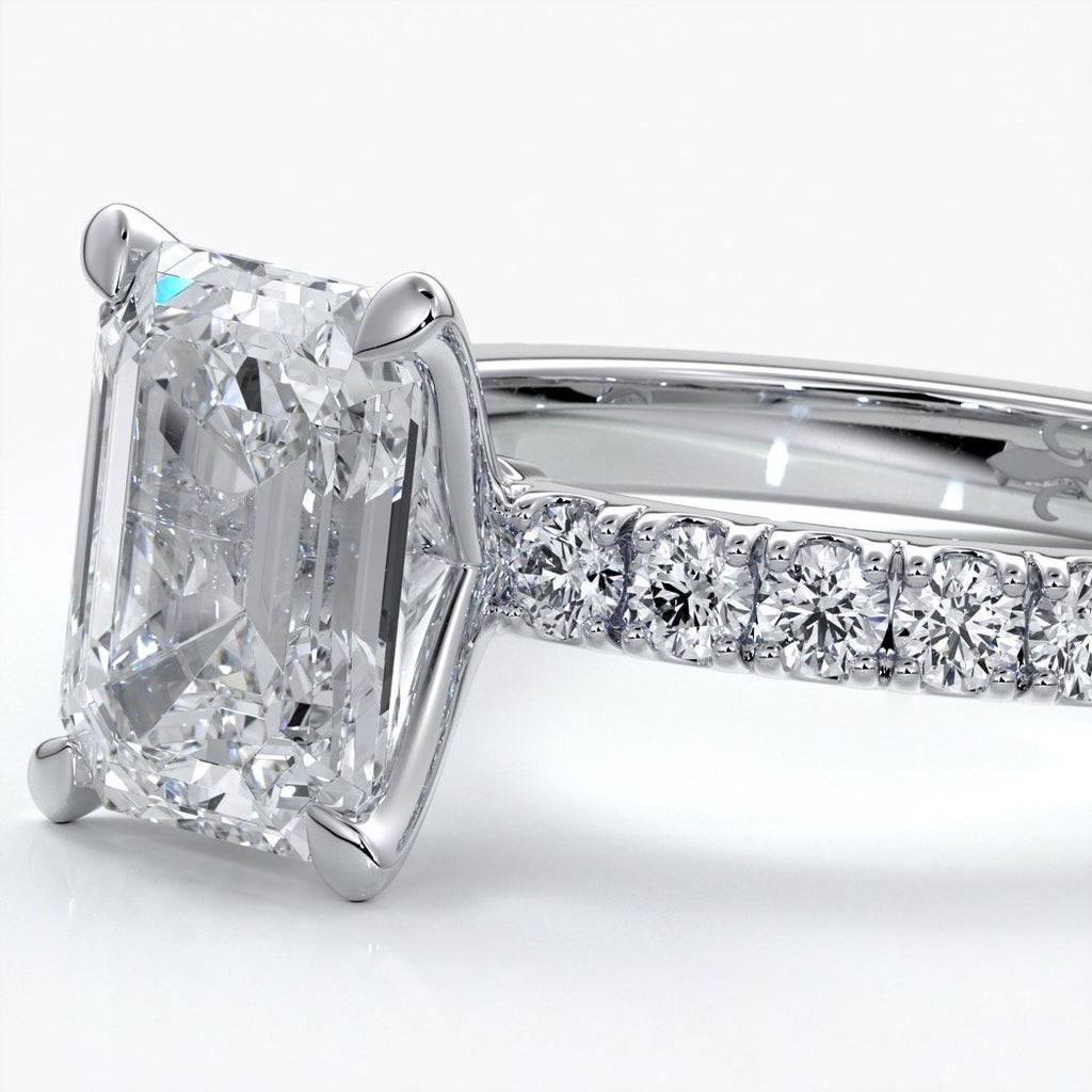 Charlotte Engagement Ring emerald diamond 4 claw diamond band platinum