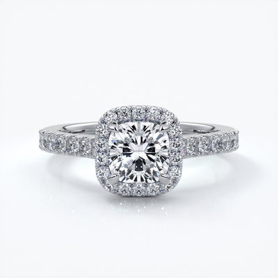 Emily Engagement Ring cushion diamond band halo 18ct white gold