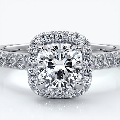 Emily Engagement Ring cushion diamond band halo 18ct white gold