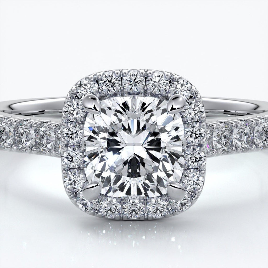 Emily Engagement Ring cushion diamond band halo 18ct white gold