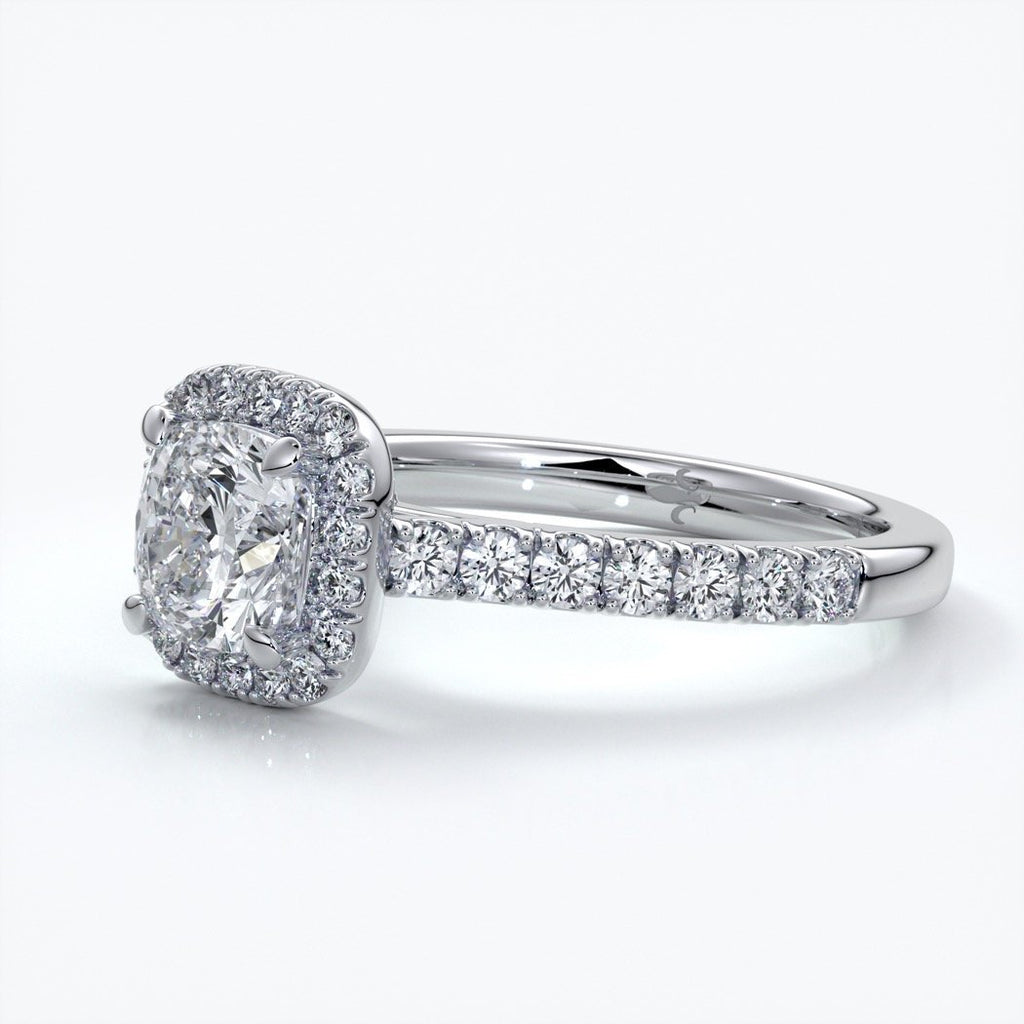 Emily Engagement Ring cushion diamond band halo 18ct white gold