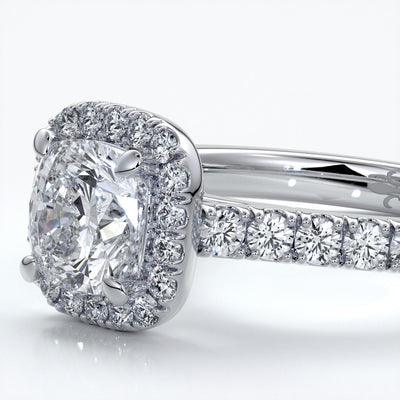Emily Engagement Ring cushion diamond band halo 18ct white gold