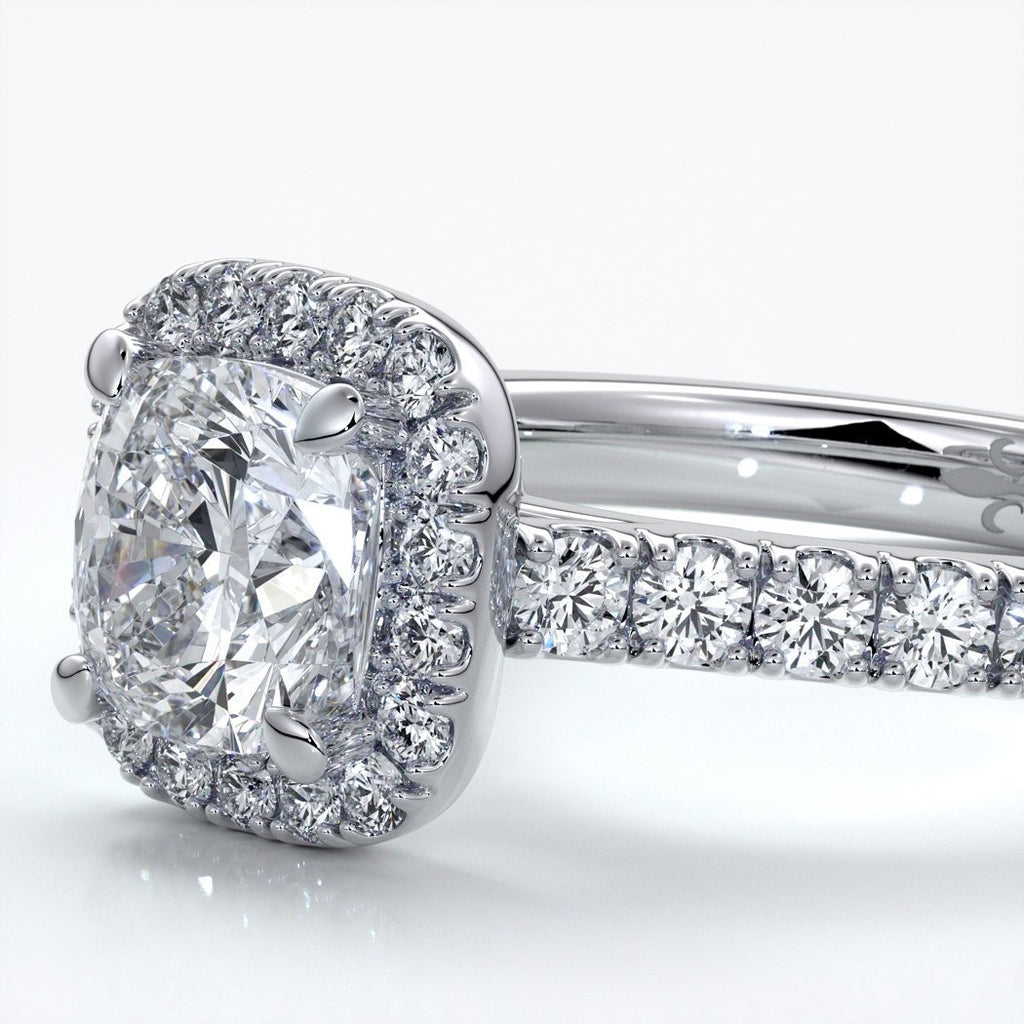 Emily Engagement Ring cushion diamond band halo 18ct white gold