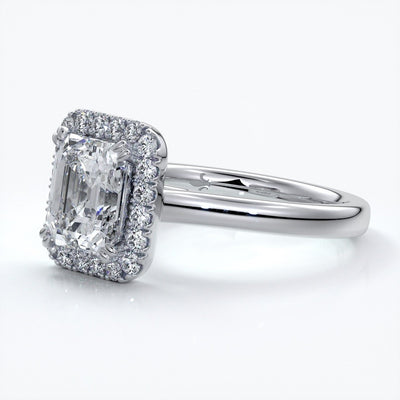 Emma Engagement ring emerald diamond halo cathedral platinum