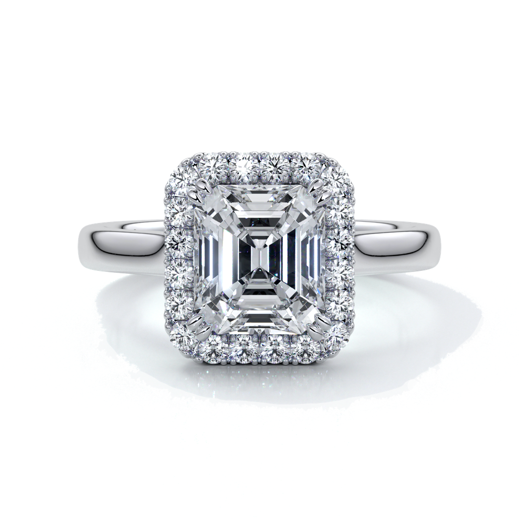 Emma Engagement ring emerald diamond halo cathedral platinum