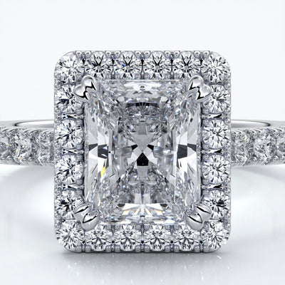 Irene Engagement Ring radiant diamond diamond band halo 18ct white gold
