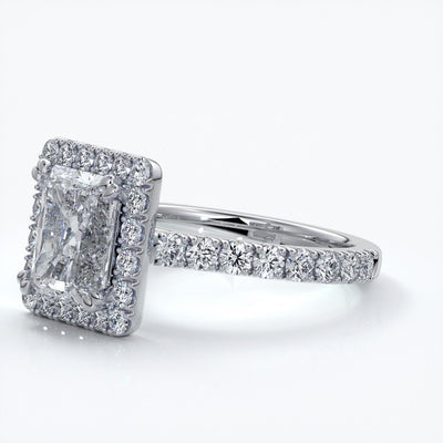 Irene Engagement Ring radiant diamond diamond band halo 18ct white gold
