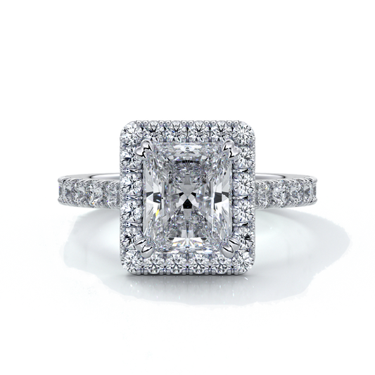 Irene Engagement Ring radiant diamond diamond band halo 18ct white gold