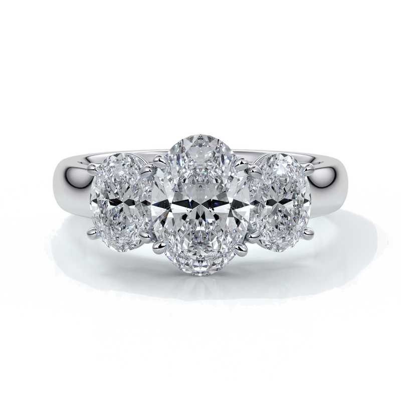 Lucida Engagement ring oval trilogy 4 claw cathedral 18ct white gold