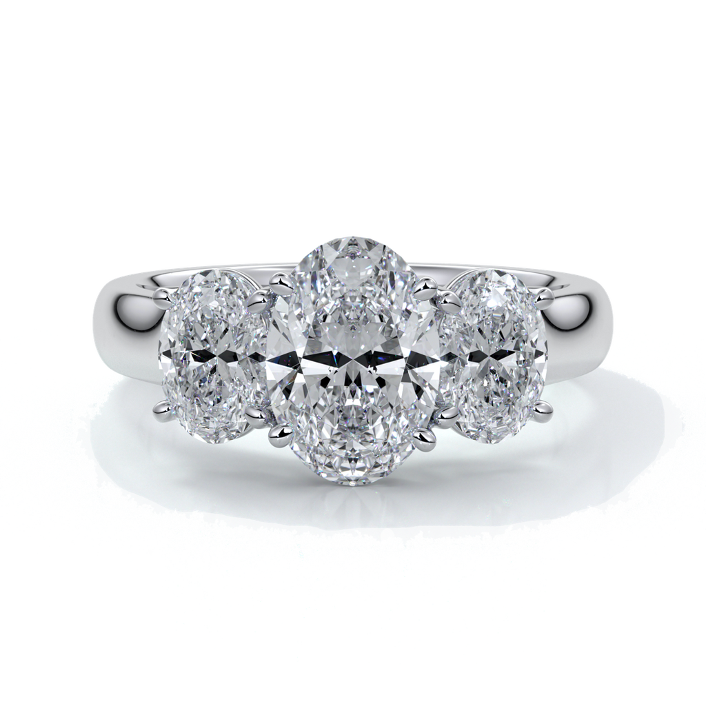 Lucida Engagement ring oval trilogy 4 claw cathedral 18ct white gold
