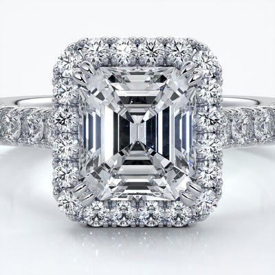 Pearl Engagement ring emerald diamond halo cathedral diamo band 18ct white gold