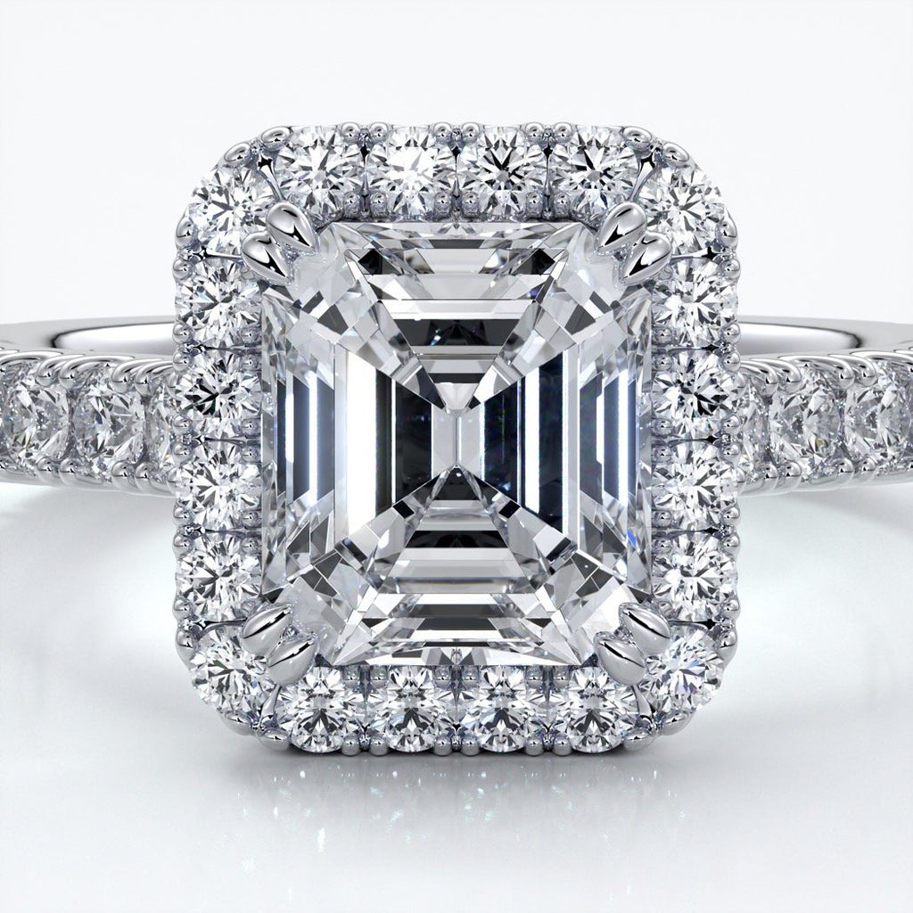 Pearl Engagement ring emerald diamond halo cathedral diamo band 18ct white gold