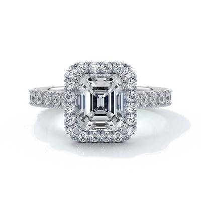 Pearl Engagement ring emerald diamond halo cathedral diamo band 18ct white gold