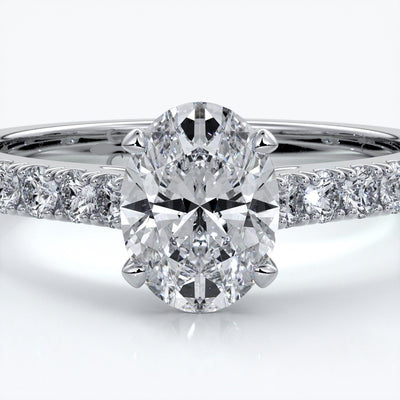 Penelope Engagement ring oval diamond 4 claw cathedral diamond band 18ct white gold