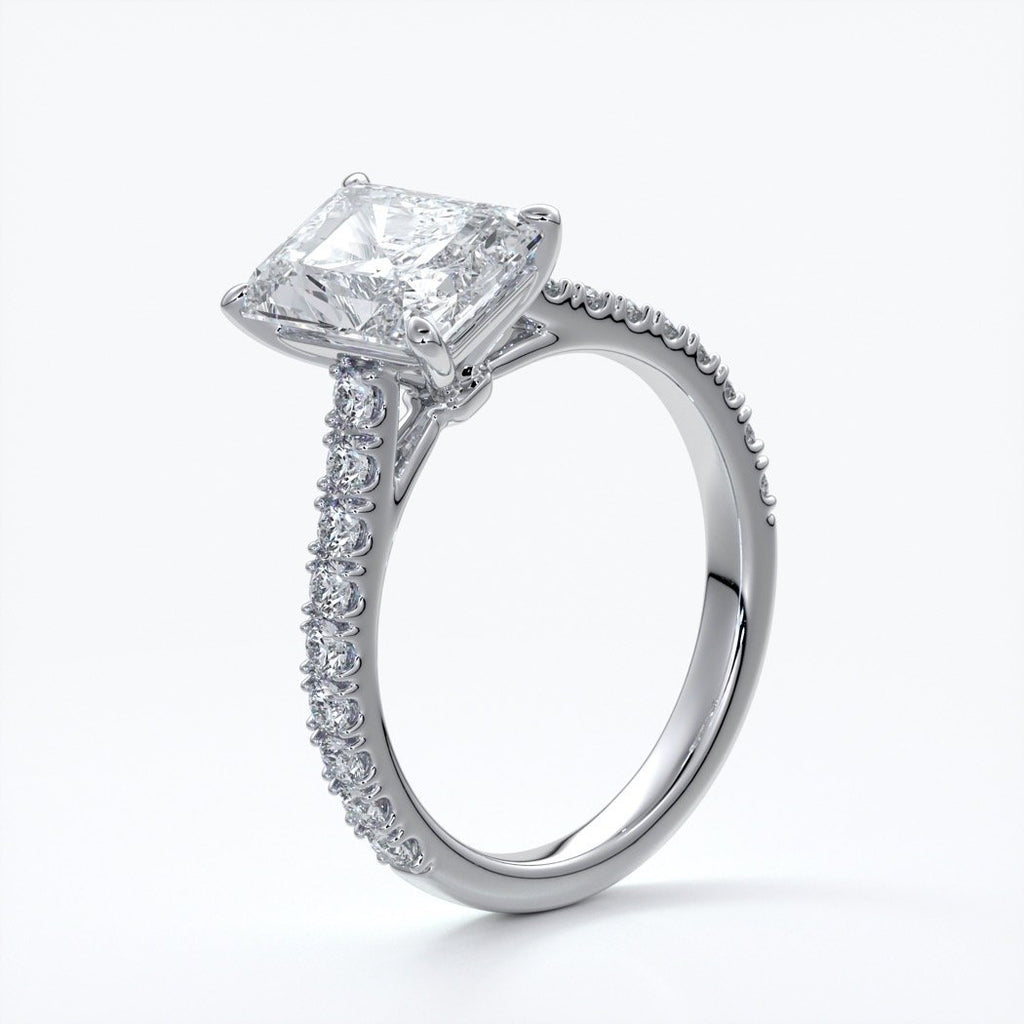 Susan Engagement ring radiant cut cathedral diamond band platinum