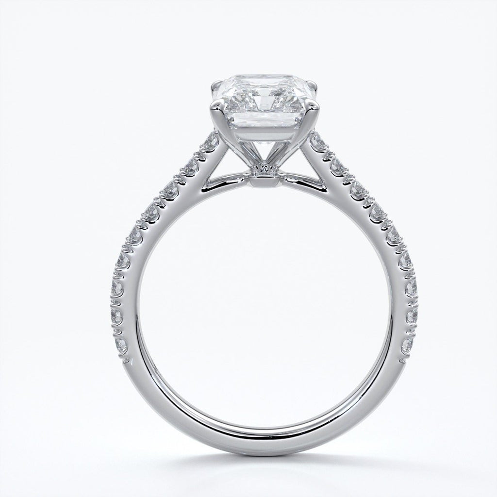 Susan Engagement ring radiant cut cathedral diamond band platinum