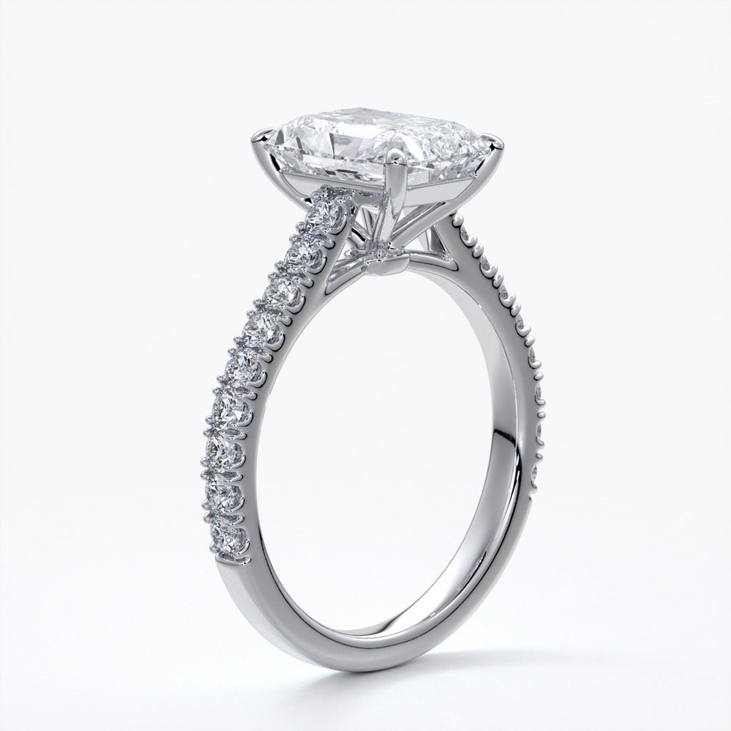 Susan Engagement ring radiant cut cathedral diamond band platinum